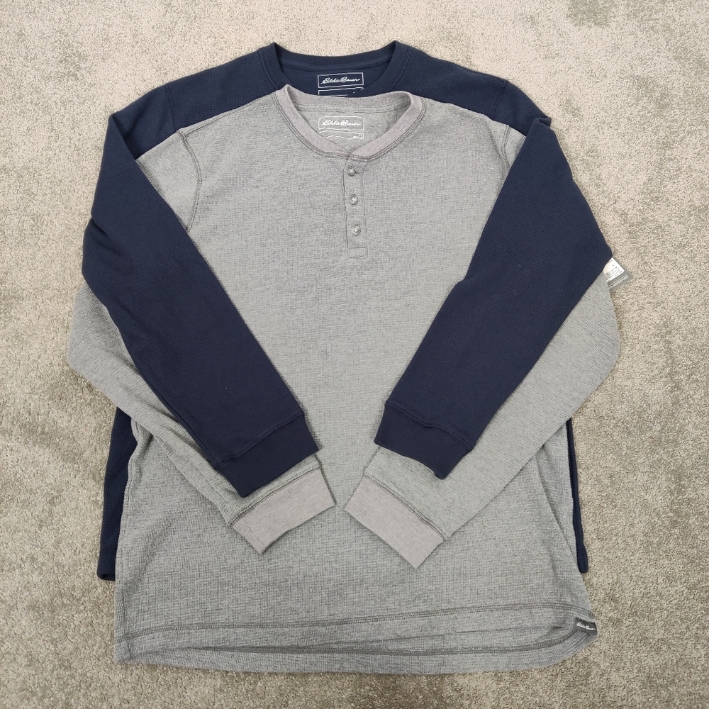 Two Eddie Bauer (Gray & Navy) Long Sleeve Henleys